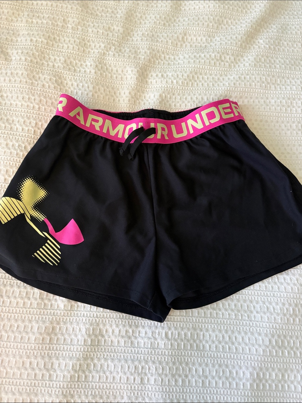 Under Armour Black Athletic Shorts with Pink Waistband and Yellow Logo